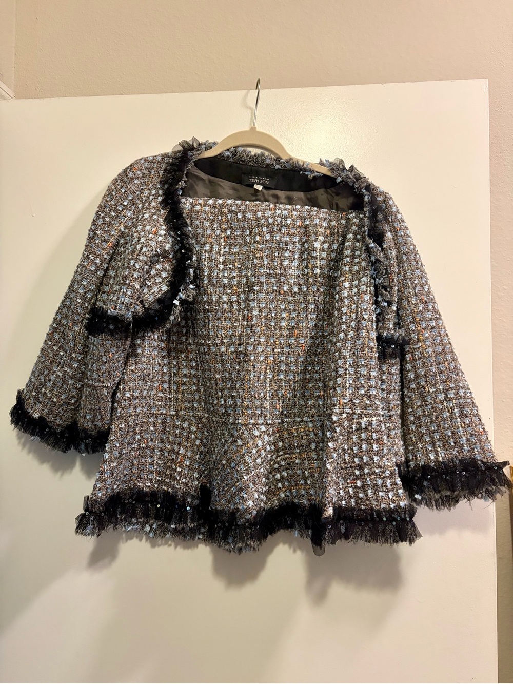 Teri Jon Multicolor Tweed Jacket with Black Fringe